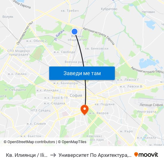 Кв. Илиянци / Iliyantsi Qr. (0848) to Университет По Архитектура, Строителство И Геодезия map