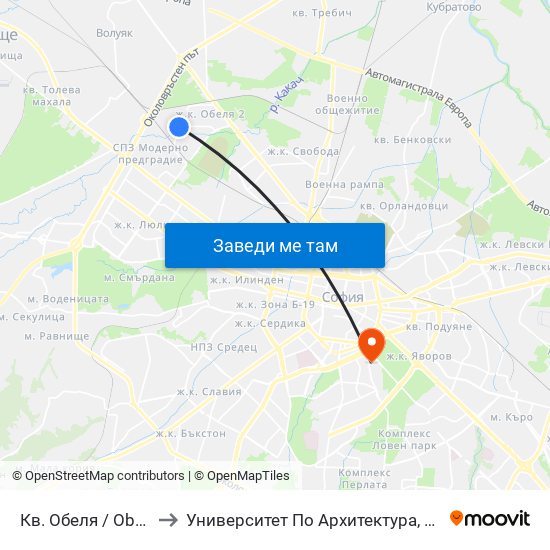 Кв. Обеля / Obelya Qr. (0871) to Университет По Архитектура, Строителство И Геодезия map