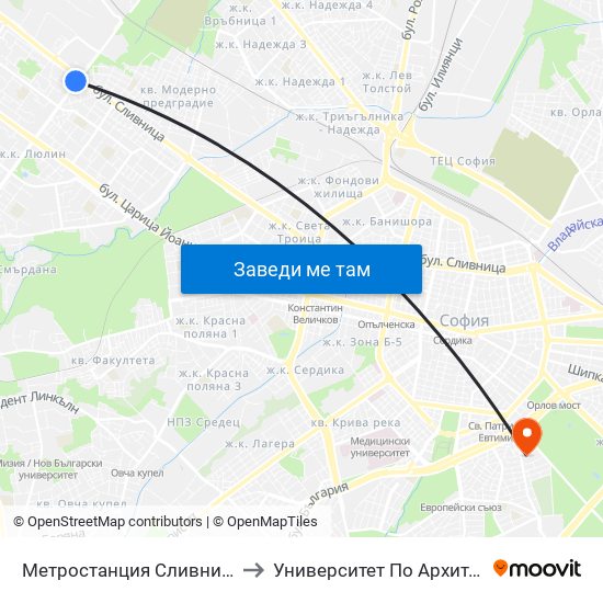 Метростанция Сливница / Slivnitsa Metro Station (1061) to Университет По Архитектура, Строителство И Геодезия map
