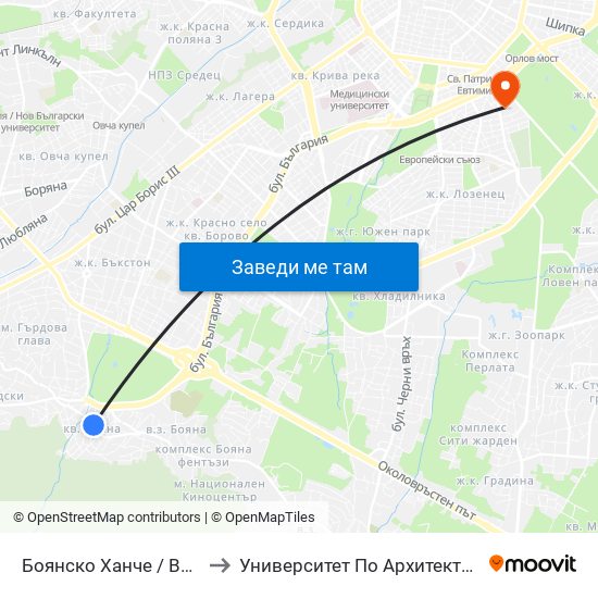 Боянско Ханче / Boyansko Hanche (0267) to Университет По Архитектура, Строителство И Геодезия map