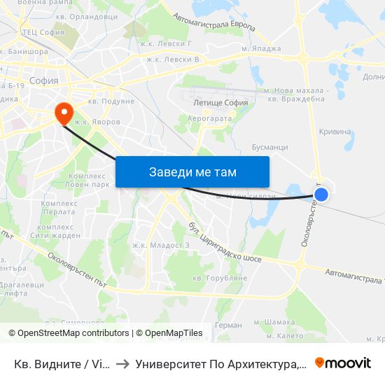 Кв. Видните / Vidnite Qr. (0820) to Университет По Архитектура, Строителство И Геодезия map