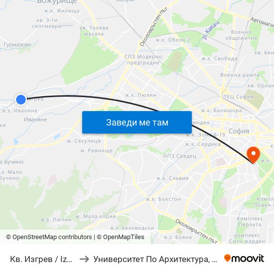 Кв. Изгрев / Izgrev Qr. (0845) to Университет По Архитектура, Строителство И Геодезия map