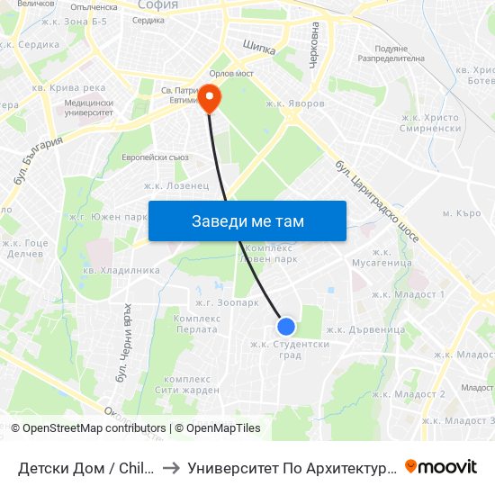 Детски Дом / Children's Home (0524) to Университет По Архитектура, Строителство И Геодезия map