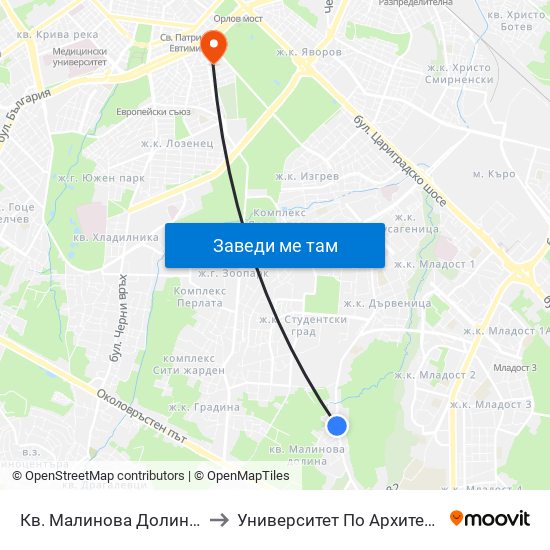Кв. Малинова Долина / Malinova Dolina Qr. (0426) to Университет По Архитектура, Строителство И Геодезия map