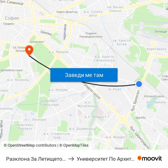 Разклона За Летището / Fork Road To Sofia Airport (1454) to Университет По Архитектура, Строителство И Геодезия map