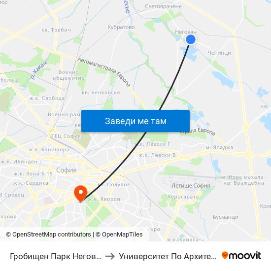 Гробищен Парк Негован / Negovan Cemetery (0507) to Университет По Архитектура, Строителство И Геодезия map