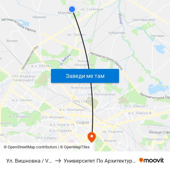 Ул. Вишновка / Vishnovka St. (2632) to Университет По Архитектура, Строителство И Геодезия map