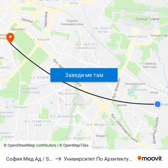 София Мед Ад / Sofia Med Jsc (0975) to Университет По Архитектура, Строителство И Геодезия map