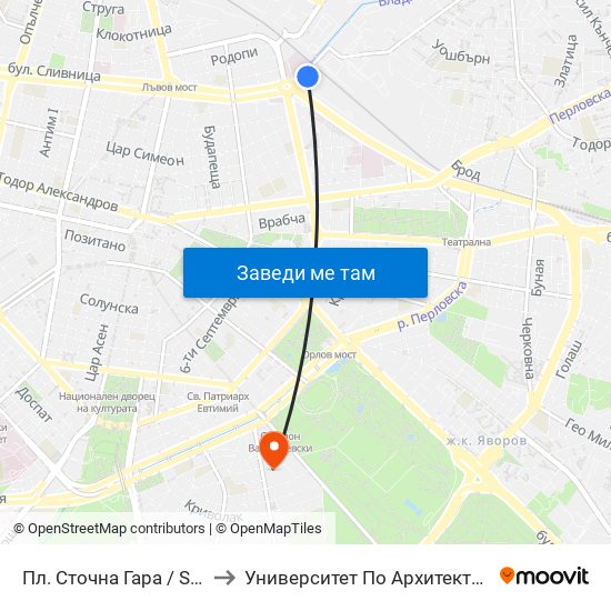 Пл. Сточна Гара / Stochna Gara Sq. (1315) to Университет По Архитектура, Строителство И Геодезия map