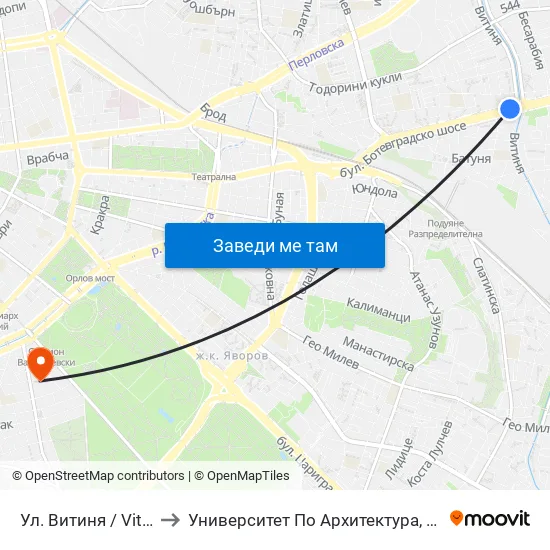 Ул. Витиня / Vitinya St. (1872) to Университет По Архитектура, Строителство И Геодезия map