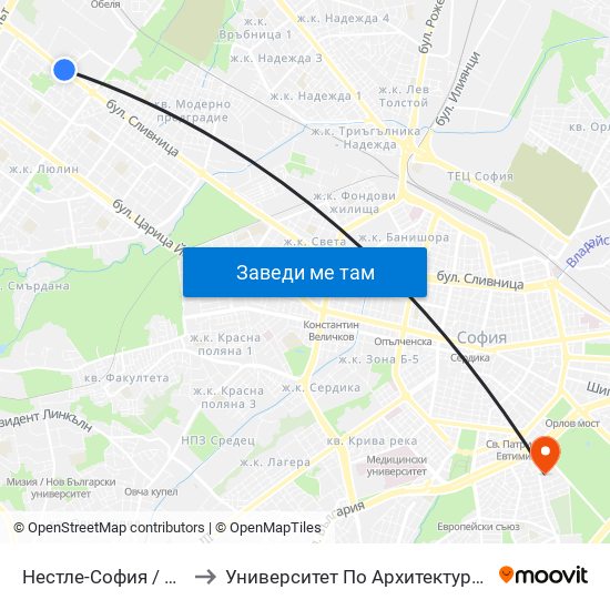 Нестле-София / Nestle Sofia (1141) to Университет По Архитектура, Строителство И Геодезия map