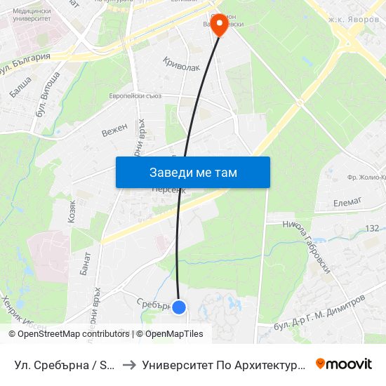 Ул. Сребърна / Srebarna St. (0976) to Университет По Архитектура, Строителство И Геодезия map