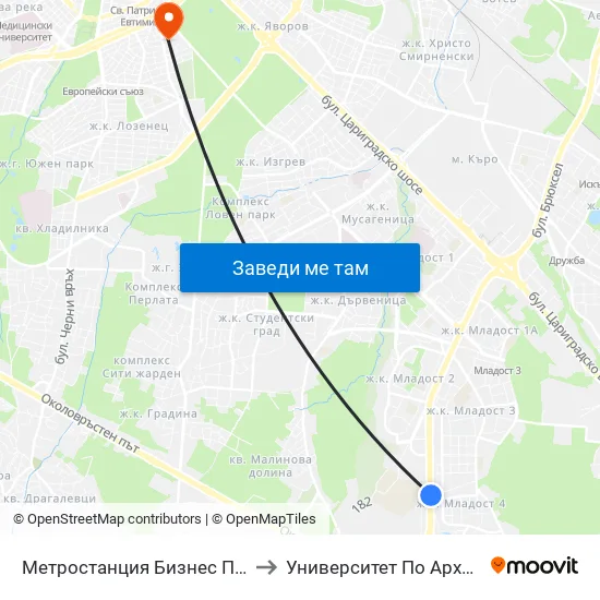 Ⓜ️ Метростанция Бизнес Парк / Business Park Metro Station (2373) to Университет По Архитектура, Строителство И Геодезия map