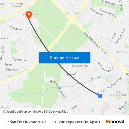 Нсбал По Онкология / National Oncology Hospital (0764) to Университет По Архитектура, Строителство И Геодезия map