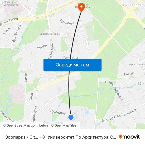 🐘 Зоопарка / City Zoo (0749) to Университет По Архитектура, Строителство И Геодезия map