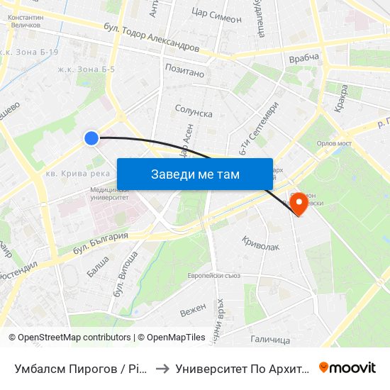 Умбалсм Пирогов / Pirogov Emergency Hospital (0758) to Университет По Архитектура, Строителство И Геодезия map