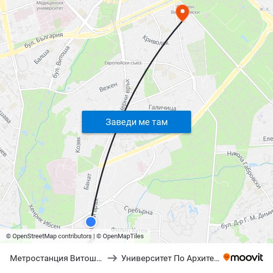 Метростанция Витоша / Vitosha Metro Station (2756) to Университет По Архитектура, Строителство И Геодезия map