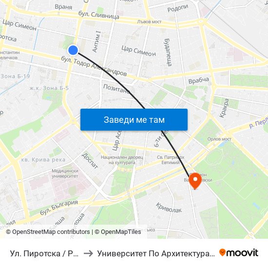 Ул. Пиротска / Pirotska St. (2111) to Университет По Архитектура, Строителство И Геодезия map