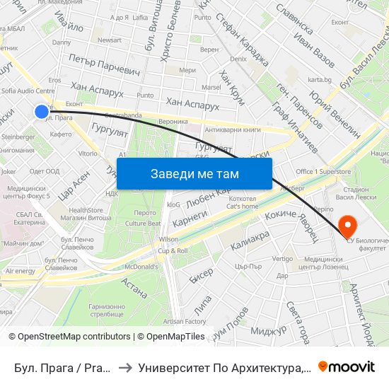 Бул. Прага / Prague Blvd. (0366) to Университет По Архитектура, Строителство И Геодезия map