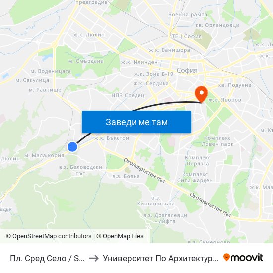 Пл. Сред Село / Sred Selo Sq. (2847) to Университет По Архитектура, Строителство И Геодезия map