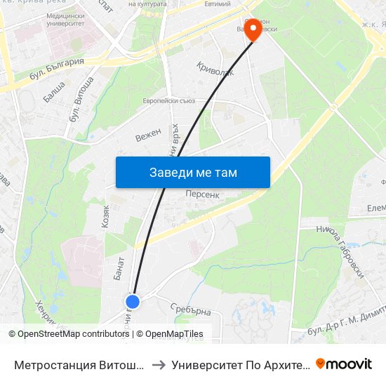 Метростанция Витоша / Vitosha Metro Station (0911) to Университет По Архитектура, Строителство И Геодезия map