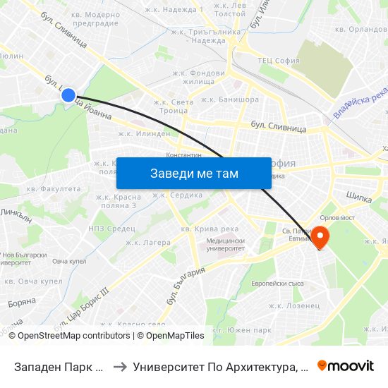 Западен Парк / Zapaden Park to Университет По Архитектура, Строителство И Геодезия map