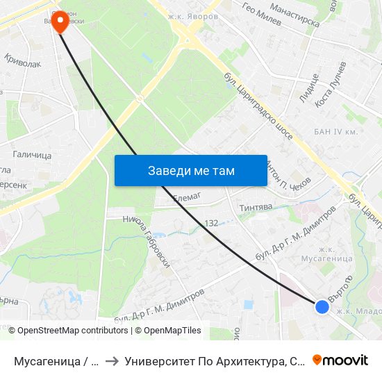 Мусагеница /  Musagenitsa to Университет По Архитектура, Строителство И Геодезия map