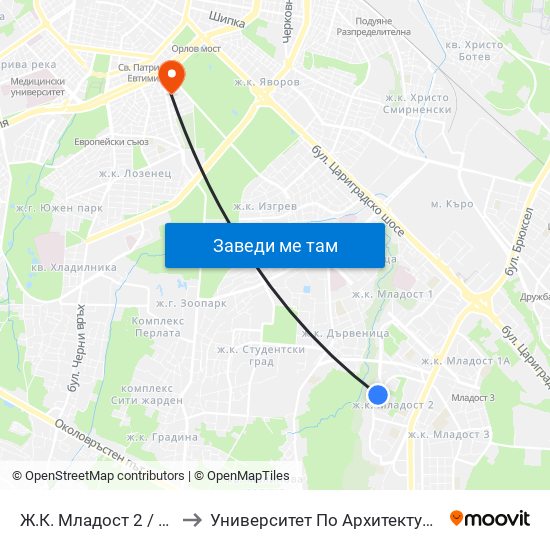 Ж.К. Младост 2 / Mladost 2 Qr. (0664) to Университет По Архитектура, Строителство И Геодезия map