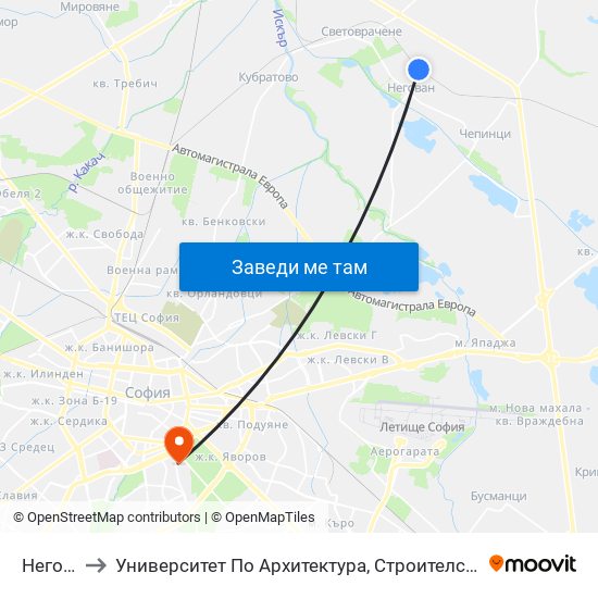 Негован to Университет По Архитектура, Строителство И Геодезия map