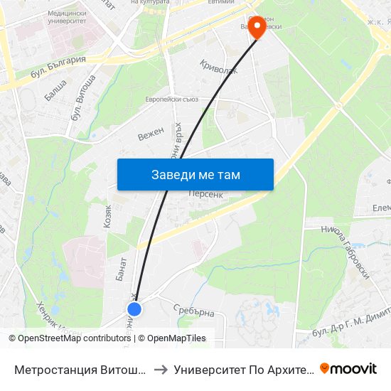 Метростанция Витоша / Vitosha Metro Station (0912) to Университет По Архитектура, Строителство И Геодезия map