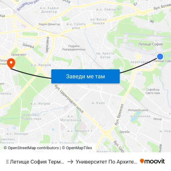 ✈️ Летище София Терминал 2 / Sofia Airport Terminal 2 to Университет По Архитектура, Строителство И Геодезия map
