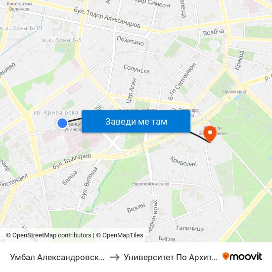 Умбал Александровска / Aleksandrovska Hospital (1035) to Университет По Архитектура, Строителство И Геодезия map