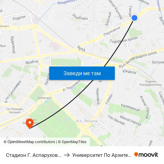 Стадион Г. Аспарухов / G. Asparuhov Stadium (1613) to Университет По Архитектура, Строителство И Геодезия map