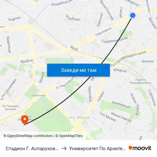 Стадион Г. Аспарухов / G. Asparuhov Stadium (1615) to Университет По Архитектура, Строителство И Геодезия map