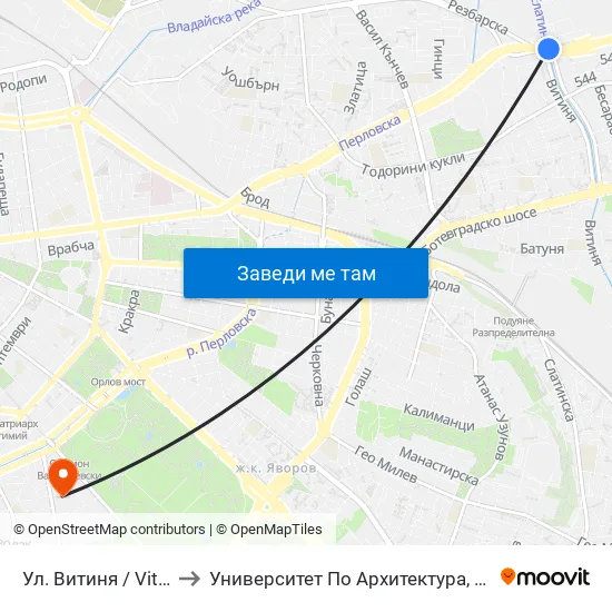 Ул. Витиня / Vitinya St. (1754) to Университет По Архитектура, Строителство И Геодезия map