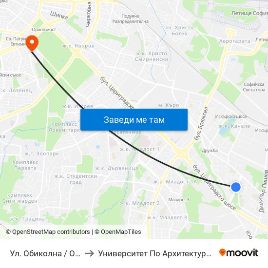Ул. Обиколна / Obikolna St. (2066) to Университет По Архитектура, Строителство И Геодезия map