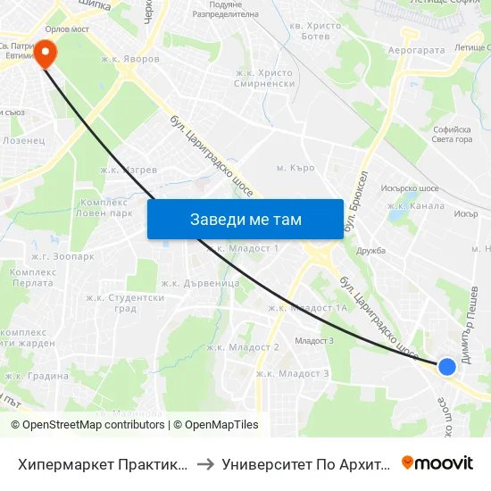 Хипермаркет Практикер / Praktiker Hypermarket (2409) to Университет По Архитектура, Строителство И Геодезия map