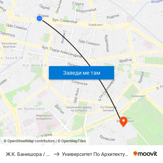 Ж.К. Банишора / Banishora Qr. (0803) to Университет По Архитектура, Строителство И Геодезия map