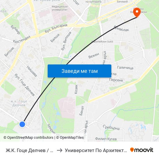 Ж.К. Гоце Делчев / Gotse Delchev Qr. (0600) to Университет По Архитектура, Строителство И Геодезия map