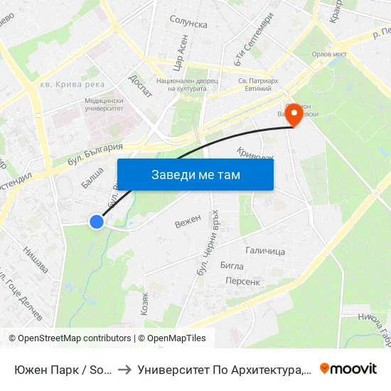 Южен Парк / South Park (2379) to Университет По Архитектура, Строителство И Геодезия map
