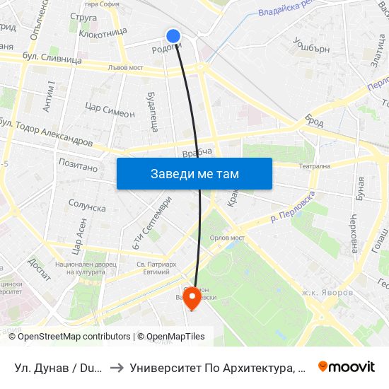 Ул. Дунав / Dunav St. (1939) to Университет По Архитектура, Строителство И Геодезия map