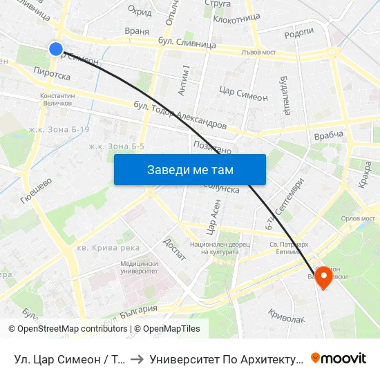 Ул. Цар Симеон / Tsar Simeon St. (2250) to Университет По Архитектура, Строителство И Геодезия map