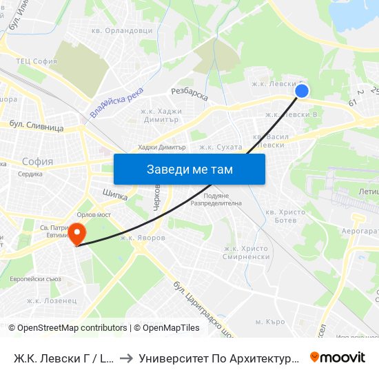 Ж.К. Левски Г / Levski G Qr (6600) to Университет По Архитектура, Строителство И Геодезия map