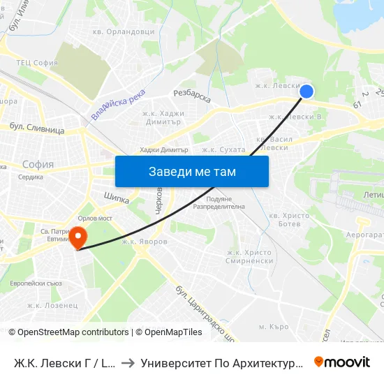 Ж.К. Левски Г / Levski G Qr (0646) to Университет По Архитектура, Строителство И Геодезия map