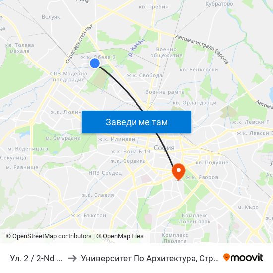 Ул. 2 / 2-Nd St. (6646) to Университет По Архитектура, Строителство И Геодезия map