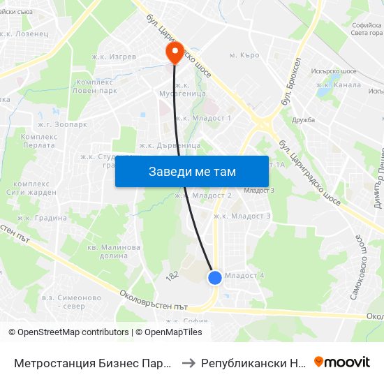 Метростанция Бизнес Парк / Business Park Metro Station (2490) to Републикански Неврологичен Диспансер map