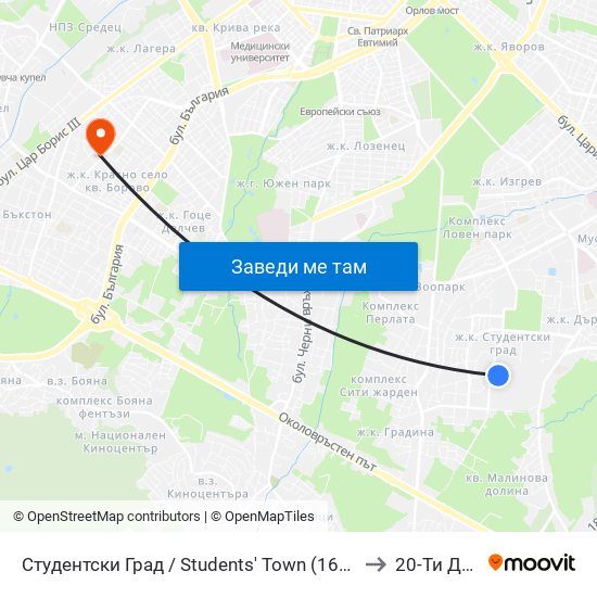 Студентски Град / Students' Town (1693) to 20-Ти Дкц map