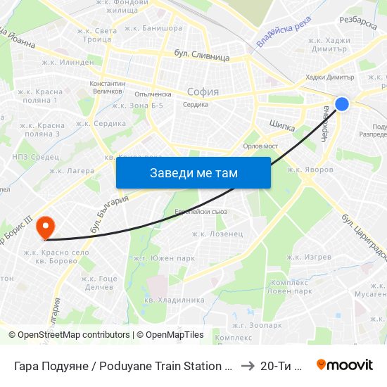Гара Подуяне / Poduyane Train Station (0466) to 20-Ти Дкц map