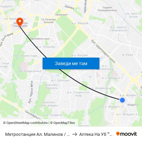 Метростанция Ал. Малинов / Al. Malinov Metro Station (0170) to Аптека На Уб ""Александровска"" map