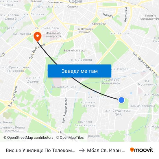 Висше Училище По Телекомуникации / University Of Telecommunications And Post (1396) to Мбал Св. Иван Рилски - Клиника По Ревматология map
